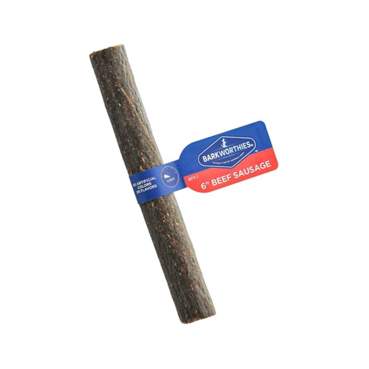 Barkworthies 6" beef sausage in a blue and red label on a stick, packaged product close-up