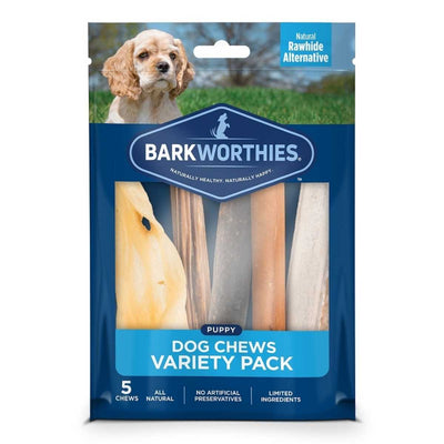 Packaged product: Barkworthies Puppy Dog Chews Variety Pack with five natural chews visible through the front window.