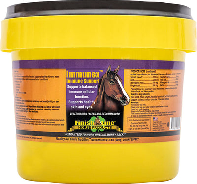 Yellow container with purple label showing Finish Line Immunex Immune Support, 1.3 lb, front view packaged product