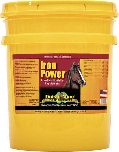 Yellow bucket of Finish Line Iron Power horse supplement, 5 gallons, front view, packaged product