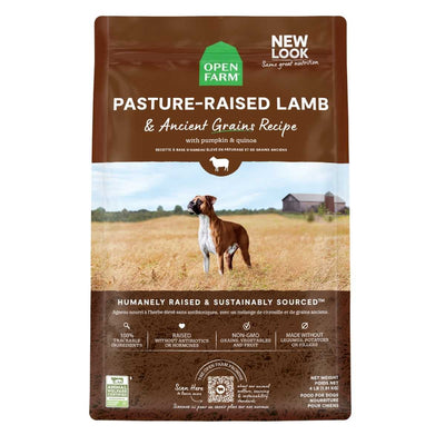 Front view of Open Farm dog food package with pasture-raised lamb and ancient grains recipe.