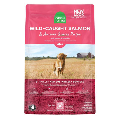 Front view of Open Farm dog food package with wild-caught salmon and ancient grains recipe, red and pink packaging.