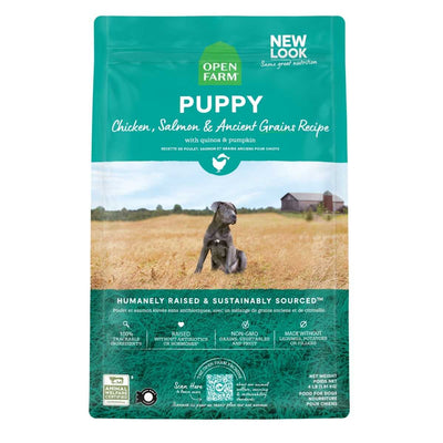 Front view of Open Farm Puppy dog food package with chicken, salmon, and ancient grains recipe in teal and white packaging.