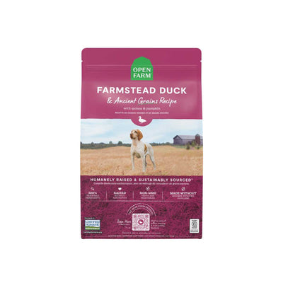 Front view of Open Farm Farmstead Duck & Ancient Grains dry dog food bag, 22lb, purple and green packaging.