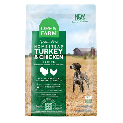 Front view of Open Farm Grain Free Homestead Turkey & Chicken dog food package, 4 lb, green and white design with dog image.