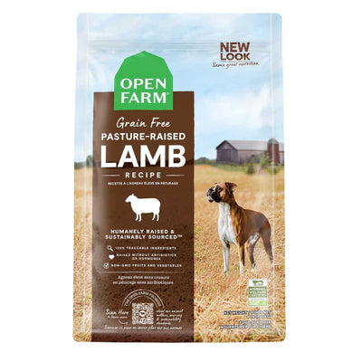 Front view of Open Farm dog food package with grain-free pasture-raised lamb recipe, 4 lb size, brown and green packaging.