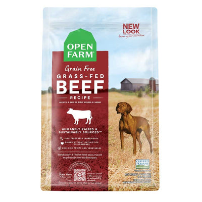 Front view of Open Farm dog food package with grain-free grass-fed beef recipe, 4 lb size, red and green packaging.
