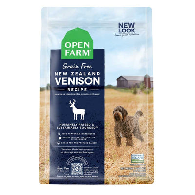 Front view of Open Farm dog food package with New Zealand venison recipe, 4 lb size, blue and green packaging.