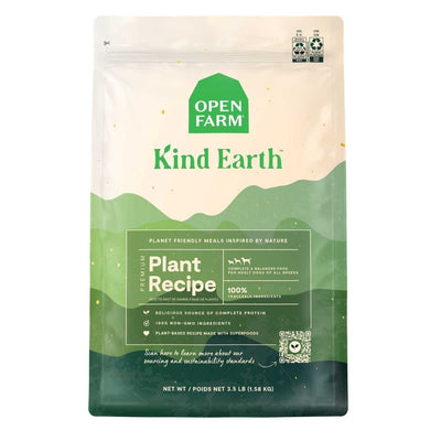 Front view of Open Farm Kind Earth Premium Plant Recipe dog food bag, 3.5 lb, green and beige packaging.