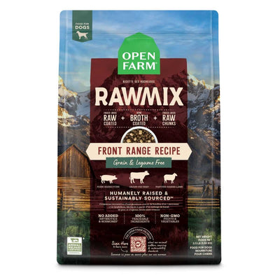 Front view of Open Farm Rawmix Front Range dog food package, 3.5 lb, showing farm scene and product details.
