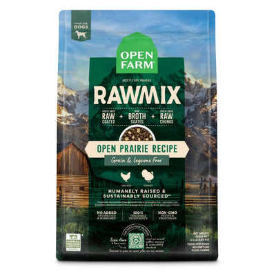 Front view of Open Farm Rawmix Prairie dog food package with green and blue design, showing chicken and turkey icons.