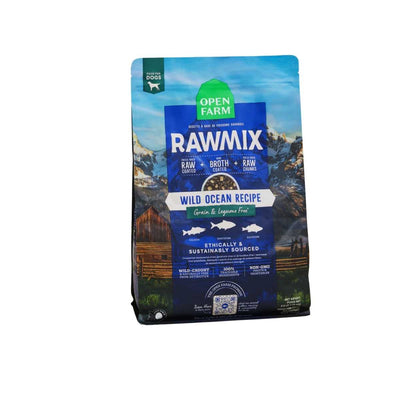 Front view of Open Farm Rawmix Wild Ocean Recipe dog food package, 3.5 lb, blue and green packaging with mountain background.
