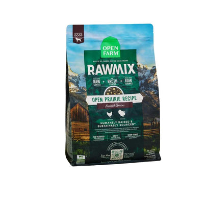 Front view of Open Farm Rawmix Ancient Grains Prairie dog food package, 3.5 lb, green and blue packaging with mountain background.