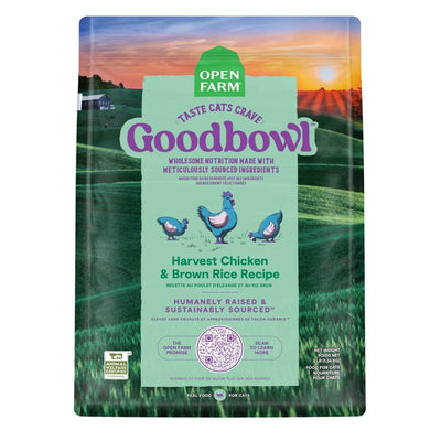 Front view of Open Farm Goodbowl cat food package with Harvest Chicken & Brown Rice Recipe, 3 lb size, green and purple packaging.