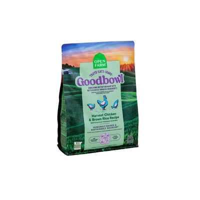 Front view of Open Farm Goodbowl cat food bag with Harvest Chicken & Brown Rice Recipe, green and purple packaging.