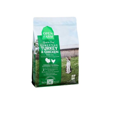 Front view of Open Farm cat food package with green label showing Turkey & Chicken flavor, 2 lb size.