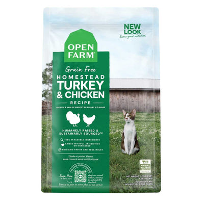 Front view of Open Farm cat food package with green label, showing 'Grain Free Homestead Turkey & Chicken Recipe' and a cat in a field.