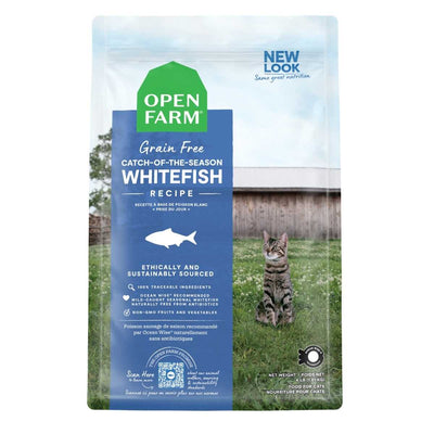 Front view of Open Farm cat food package showing grain-free whitefish recipe with blue and green packaging.