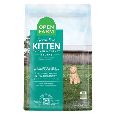 Front view of Open Farm Grain Free Kitten Chicken & Turkey Recipe cat food pouch, 4 lb, green and white packaging with a kitten image.