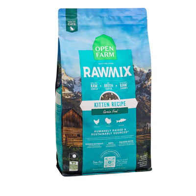 Front view of Open Farm Rawmix Kitten Recipe grain-free cat food package with blue and green design