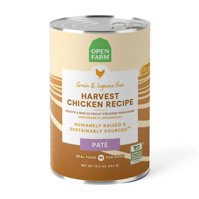 Front view of Open Farm Harvest Chicken Recipe dog food can, 12.5 oz, brown and beige packaging.