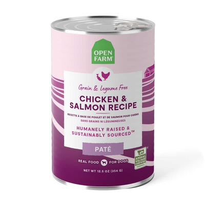 Front view of Open Farm dog food can with pink and purple label, showing Chicken & Salmon Recipe, 12.5 oz size.
