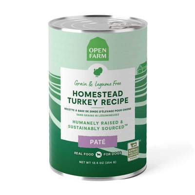 Front view of a green and light green Open Farm dog food can labeled Homestead Turkey Recipe, 12.5 oz