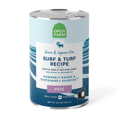 Front view of Open Farm dog food can labeled Surf & Turf Recipe, 12.5 oz, blue and light blue packaging.
