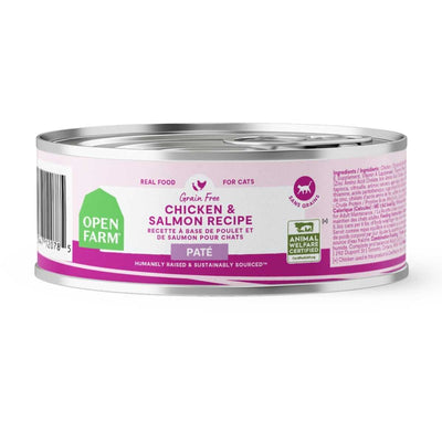 Front view of a canned Open Farm cat food labeled Chicken & Salmon Recipe, grain-free, in a pink and purple package.