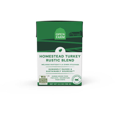 Front view of Open Farm Homestead Turkey Rustic Blend cat food package, green and white, 5.5 oz