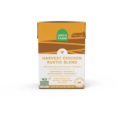 Front view of Open Farm Harvest Chicken Rustic Blend cat food box, orange and white packaging, 5.5 oz size.