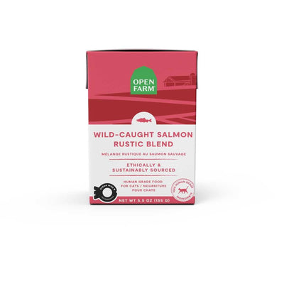 Front view of Open Farm packaged cat food box with wild-caught salmon rustic blend, 5.5 oz size, red and white color scheme.