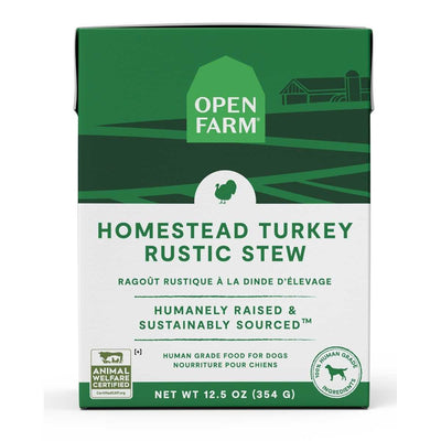 Front view of Open Farm Homestead Turkey Rustic Stew dog food package, green and white, 12.5 oz
