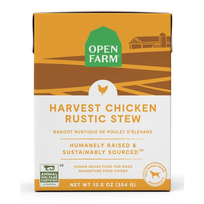 Front view of Open Farm Harvest Chicken Rustic Stew dog food package, orange and white with green logo.