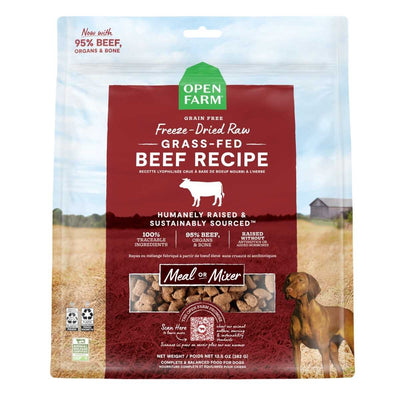 Front view of Open Farm dog food package with freeze-dried beef recipe, 13.5 oz, showing a dog and field background.
