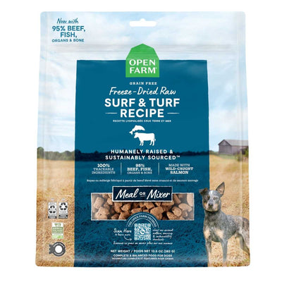 Front view of Open Farm dog food package showing freeze-dried surf and turf recipe in a blue and white bag with a dog image.