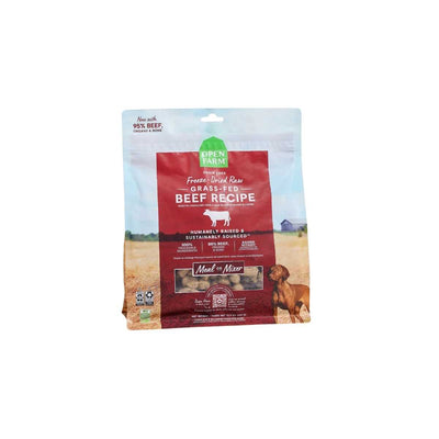 Front view of Open Farm dog food bag with freeze-dried raw grass-fed beef morsels, 31.5 oz size.