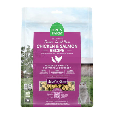 Front view of Open Farm packaged cat food, purple label with chicken and salmon recipe, 9 oz size.