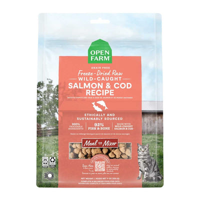 Front view of Open Farm packaged cat food, salmon and cod flavor, 3.5 oz, orange and green packaging with cat image.