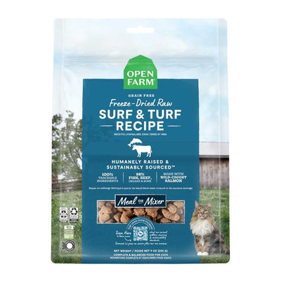 Front view of Open Farm cat food package showing 'Surf & Turf' recipe, 9 oz size, blue and green packaging with cat image.