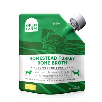 Front view of Open Farm Homestead Turkey Bone Broth meal topper pouch, green and white, 12 fl oz