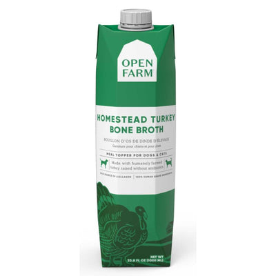Front view of a green Open Farm carton labeled Homestead Turkey Bone Broth, 33.8 fl oz.