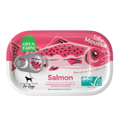 Front view of Open Farm Salmon Silky Mousse dog food topper in a pink and white can with a pull tab.