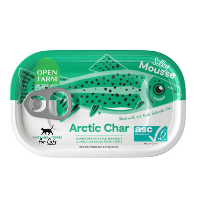 Front view of Open Farm Arctic Char Silky Mousse cat food can with green and white packaging.