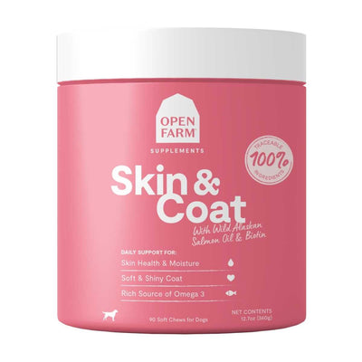 Pink packaged Open Farm dog supplement chews for skin and coat, front view.