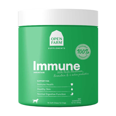 Green packaged Open Farm Immune dog supplement chews with white lid, front view