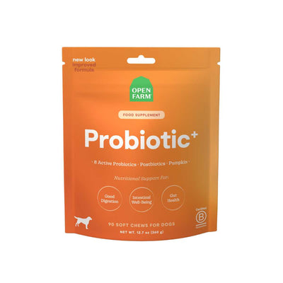 Front view of an orange Open Farm Probiotic+ dog supplement package with 90 soft chews.