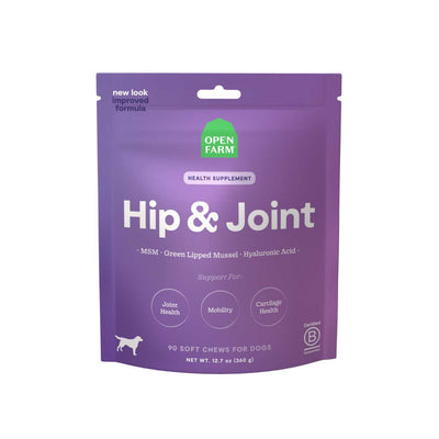 Front view of a purple packaged product labeled Open Farm Hip & Joint health supplement for dogs.