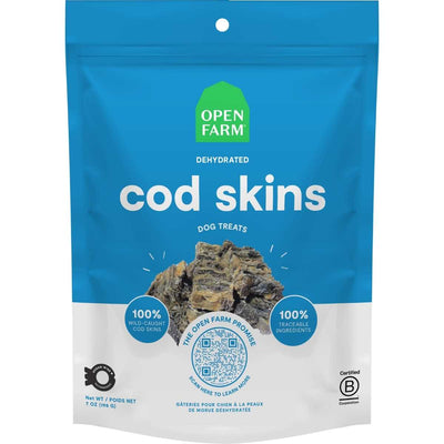 Front view of a blue and white packaged Open Farm dog treats bag with cod skins.
