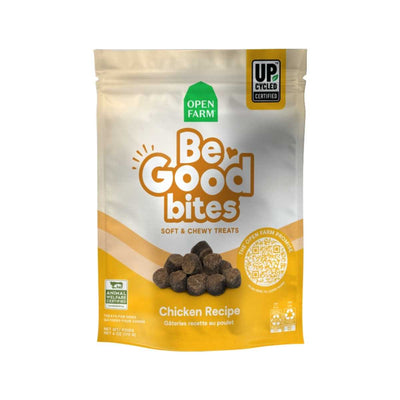 Front view of Open Farm Be Good Bites Chicken Recipe soft chewy dog treats package.